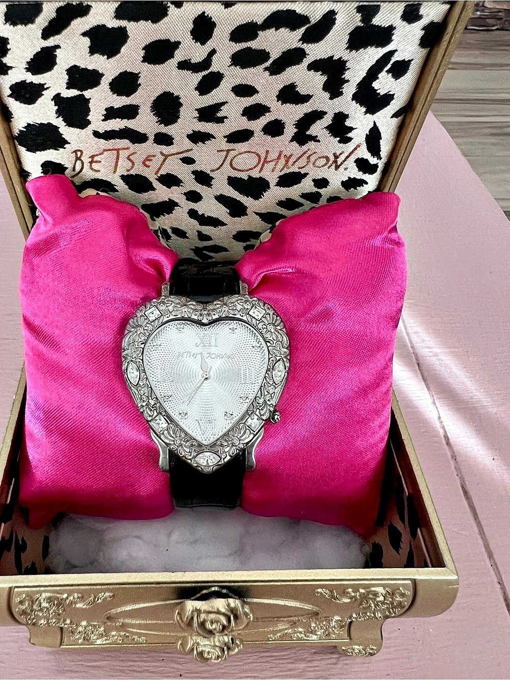 Vintage Betsey Johnson Heart Watch with Rhinestones and Black Leather Band